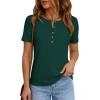 imagePRETTYGARDEN Waffle Knit Tops for Women Short Sleeve Henley Shirts 2026 Summer Blouses Dressy Casual Spring Fashion ClothesDark Green