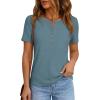 imagePRETTYGARDEN Waffle Knit Tops for Women Short Sleeve Henley Shirts 2026 Summer Blouses Dressy Casual Spring Fashion ClothesDusty Blue