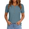 imagePRETTYGARDEN Waffle Knit Tops for Women Short Sleeve Henley Shirts 2026 Summer Blouses Dressy Casual Spring Fashion ClothesDusty Blue