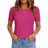 imagePRETTYGARDEN Waffle Knit Tops for Women Short Sleeve Henley Shirts 2026 Summer Blouses Dressy Casual Spring Fashion ClothesHot Pink