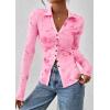 imagePRETTYGARDEN Women Button Down Floral Shirts 2026 Fall Trendy Long Sleeve V Neck Mesh Boho Blouse Spring Tops Date OutfitsPink