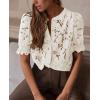 imagePRETTYGARDEN Womens 2026 Spring Lace Tops Short Puff Sleeve Casual Dressy Blouses Eyelet Crew Neck Button Down ShirtsBeige