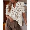 imagePRETTYGARDEN Womens 2026 Spring Lace Tops Short Puff Sleeve Casual Dressy Blouses Eyelet Crew Neck Button Down ShirtsBeige