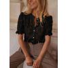 imagePRETTYGARDEN Womens 2026 Spring Lace Tops Short Puff Sleeve Casual Dressy Blouses Eyelet Crew Neck Button Down ShirtsBlack