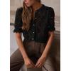 imagePRETTYGARDEN Womens 2026 Spring Lace Tops Short Puff Sleeve Casual Dressy Blouses Eyelet Crew Neck Button Down ShirtsBlack