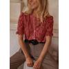 imagePRETTYGARDEN Womens 2026 Spring Lace Tops Short Puff Sleeve Casual Dressy Blouses Eyelet Crew Neck Button Down ShirtsBrown Red