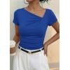 imagePRETTYGARDEN Womens 2026 Summer Asymmetrical Y2K Tops Trendy Ribbed Short Sleeve Fitted Tee Shirts Spring Fashion ClothingBlue