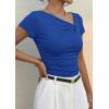 imagePRETTYGARDEN Womens 2026 Summer Asymmetrical Y2K Tops Trendy Ribbed Short Sleeve Fitted Tee Shirts Spring Fashion ClothingBlue