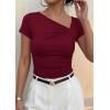 imagePRETTYGARDEN Womens 2026 Summer Asymmetrical Y2K Tops Trendy Ribbed Short Sleeve Fitted Tee Shirts Spring Fashion ClothingBurgundy