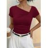 imagePRETTYGARDEN Womens 2026 Summer Asymmetrical Y2K Tops Trendy Ribbed Short Sleeve Fitted Tee Shirts Spring Fashion ClothingBurgundy