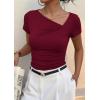imagePRETTYGARDEN Womens 2026 Summer Asymmetrical Y2K Tops Trendy Ribbed Short Sleeve Fitted Tee Shirts Spring Fashion ClothingBurgundy