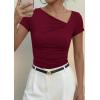 imagePRETTYGARDEN Womens 2026 Summer Asymmetrical Y2K Tops Trendy Ribbed Short Sleeve Fitted Tee Shirts Spring Fashion ClothingBurgundy