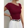 imagePRETTYGARDEN Womens 2026 Summer Asymmetrical Y2K Tops Trendy Ribbed Short Sleeve Fitted Tee Shirts Spring Fashion ClothingBurgundy