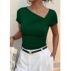 imagePRETTYGARDEN Womens 2026 Summer Asymmetrical Y2K Tops Trendy Ribbed Short Sleeve Fitted Tee Shirts Spring Fashion ClothingDark Green