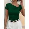 imagePRETTYGARDEN Womens 2026 Summer Asymmetrical Y2K Tops Trendy Ribbed Short Sleeve Fitted Tee Shirts Spring Fashion ClothingDark Green