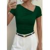 imagePRETTYGARDEN Womens 2026 Summer Asymmetrical Y2K Tops Trendy Ribbed Short Sleeve Fitted Tee Shirts Spring Fashion ClothingDark Green