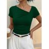 imagePRETTYGARDEN Womens 2026 Summer Asymmetrical Y2K Tops Trendy Ribbed Short Sleeve Fitted Tee Shirts Spring Fashion ClothingDark Green