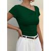 imagePRETTYGARDEN Womens 2026 Summer Asymmetrical Y2K Tops Trendy Ribbed Short Sleeve Fitted Tee Shirts Spring Fashion ClothingDark Green