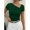 imagePRETTYGARDEN Womens 2026 Summer Asymmetrical Y2K Tops Trendy Ribbed Short Sleeve Fitted Tee Shirts Spring Fashion ClothingDark Green