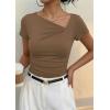 imagePRETTYGARDEN Womens 2026 Summer Asymmetrical Y2K Tops Trendy Ribbed Short Sleeve Fitted Tee Shirts Spring Fashion ClothingDark Khaki