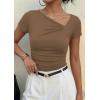 imagePRETTYGARDEN Womens 2026 Summer Asymmetrical Y2K Tops Trendy Ribbed Short Sleeve Fitted Tee Shirts Spring Fashion ClothingDark Khaki