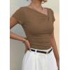 imagePRETTYGARDEN Womens 2026 Summer Asymmetrical Y2K Tops Trendy Ribbed Short Sleeve Fitted Tee Shirts Spring Fashion ClothingDark Khaki
