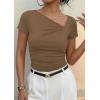 imagePRETTYGARDEN Womens 2026 Summer Asymmetrical Y2K Tops Trendy Ribbed Short Sleeve Fitted Tee Shirts Spring Fashion ClothingDark Khaki