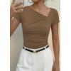 imagePRETTYGARDEN Womens 2026 Summer Asymmetrical Y2K Tops Trendy Ribbed Short Sleeve Fitted Tee Shirts Spring Fashion ClothingDark Khaki