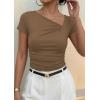 imagePRETTYGARDEN Womens 2026 Summer Asymmetrical Y2K Tops Trendy Ribbed Short Sleeve Fitted Tee Shirts Spring Fashion ClothingDark Khaki