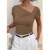 imagePRETTYGARDEN Womens 2026 Summer Asymmetrical Y2K Tops Trendy Ribbed Short Sleeve Fitted Tee Shirts Spring Fashion ClothingDark Khaki