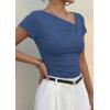 imagePRETTYGARDEN Womens 2026 Summer Asymmetrical Y2K Tops Trendy Ribbed Short Sleeve Fitted Tee Shirts Spring Fashion ClothingDusty Blue