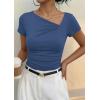 imagePRETTYGARDEN Womens 2026 Summer Asymmetrical Y2K Tops Trendy Ribbed Short Sleeve Fitted Tee Shirts Spring Fashion ClothingDusty Blue