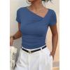 imagePRETTYGARDEN Womens 2026 Summer Asymmetrical Y2K Tops Trendy Ribbed Short Sleeve Fitted Tee Shirts Spring Fashion ClothingDusty Blue