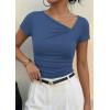 imagePRETTYGARDEN Womens 2026 Summer Asymmetrical Y2K Tops Trendy Ribbed Short Sleeve Fitted Tee Shirts Spring Fashion ClothingDusty Blue
