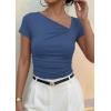 imagePRETTYGARDEN Womens 2026 Summer Asymmetrical Y2K Tops Trendy Ribbed Short Sleeve Fitted Tee Shirts Spring Fashion ClothingDusty Blue