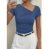 imagePRETTYGARDEN Womens 2026 Summer Asymmetrical Y2K Tops Trendy Ribbed Short Sleeve Fitted Tee Shirts Spring Fashion ClothingDusty Blue