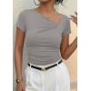 imagePRETTYGARDEN Womens 2026 Summer Asymmetrical Y2K Tops Trendy Ribbed Short Sleeve Fitted Tee Shirts Spring Fashion ClothingLight Grey