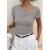 imagePRETTYGARDEN Womens 2026 Summer Asymmetrical Y2K Tops Trendy Ribbed Short Sleeve Fitted Tee Shirts Spring Fashion ClothingLight Grey