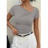 imagePRETTYGARDEN Womens 2026 Summer Asymmetrical Y2K Tops Trendy Ribbed Short Sleeve Fitted Tee Shirts Spring Fashion ClothingLight Grey