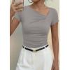 imagePRETTYGARDEN Womens 2026 Summer Asymmetrical Y2K Tops Trendy Ribbed Short Sleeve Fitted Tee Shirts Spring Fashion ClothingLight Grey