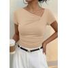 imagePRETTYGARDEN Womens 2026 Summer Asymmetrical Y2K Tops Trendy Ribbed Short Sleeve Fitted Tee Shirts Spring Fashion ClothingLight Khaki