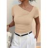 imagePRETTYGARDEN Womens 2026 Summer Asymmetrical Y2K Tops Trendy Ribbed Short Sleeve Fitted Tee Shirts Spring Fashion ClothingLight Khaki