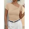 imagePRETTYGARDEN Womens 2026 Summer Asymmetrical Y2K Tops Trendy Ribbed Short Sleeve Fitted Tee Shirts Spring Fashion ClothingLight Khaki
