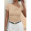 imagePRETTYGARDEN Womens 2026 Summer Asymmetrical Y2K Tops Trendy Ribbed Short Sleeve Fitted Tee Shirts Spring Fashion ClothingLight Khaki