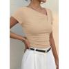 imagePRETTYGARDEN Womens 2026 Summer Asymmetrical Y2K Tops Trendy Ribbed Short Sleeve Fitted Tee Shirts Spring Fashion ClothingLight Khaki
