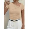 imagePRETTYGARDEN Womens 2026 Summer Asymmetrical Y2K Tops Trendy Ribbed Short Sleeve Fitted Tee Shirts Spring Fashion ClothingLight Khaki