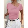 imagePRETTYGARDEN Womens 2026 Summer Asymmetrical Y2K Tops Trendy Ribbed Short Sleeve Fitted Tee Shirts Spring Fashion ClothingPink