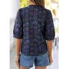 imagePRETTYGARDEN Womens 2026 Summer Floral Blouses Dressy Casual Half Sleeve V Neck Going Out Boho Tops Spring Fashion ClothingNavy Blue