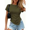 imagePRETTYGARDEN Womens Asymmetrical Summer Tops 2026 Going Out Shirts Spring Y2K Short Sleeve Crew Neck Ruched Trendy ClothesArmy Green