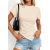imagePRETTYGARDEN Womens Asymmetrical Summer Tops 2026 Going Out Shirts Spring Y2K Short Sleeve Crew Neck Ruched Trendy ClothesBeige